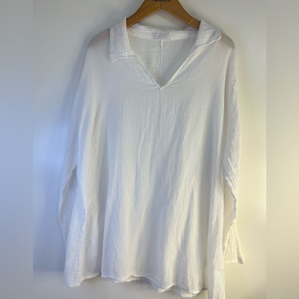 Made in ITALY. 100% cotton.Casual White V-Neck Long Sleeve Dress